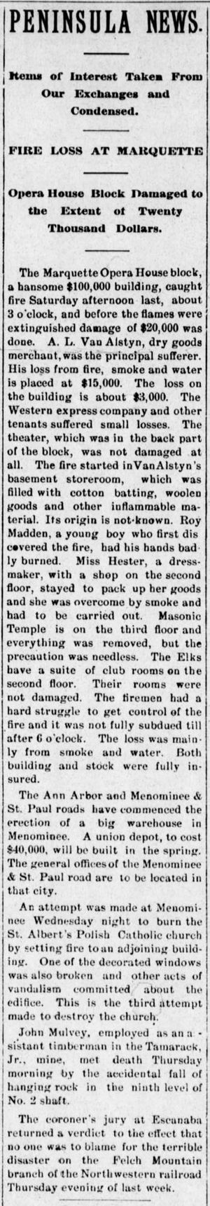 Marquette Opera House - Feb 17 1900 Fire